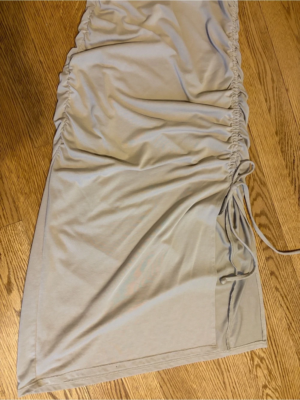 Express Light Beige Ruched Side-Tie Midi Skirt - Picture 8 of 9